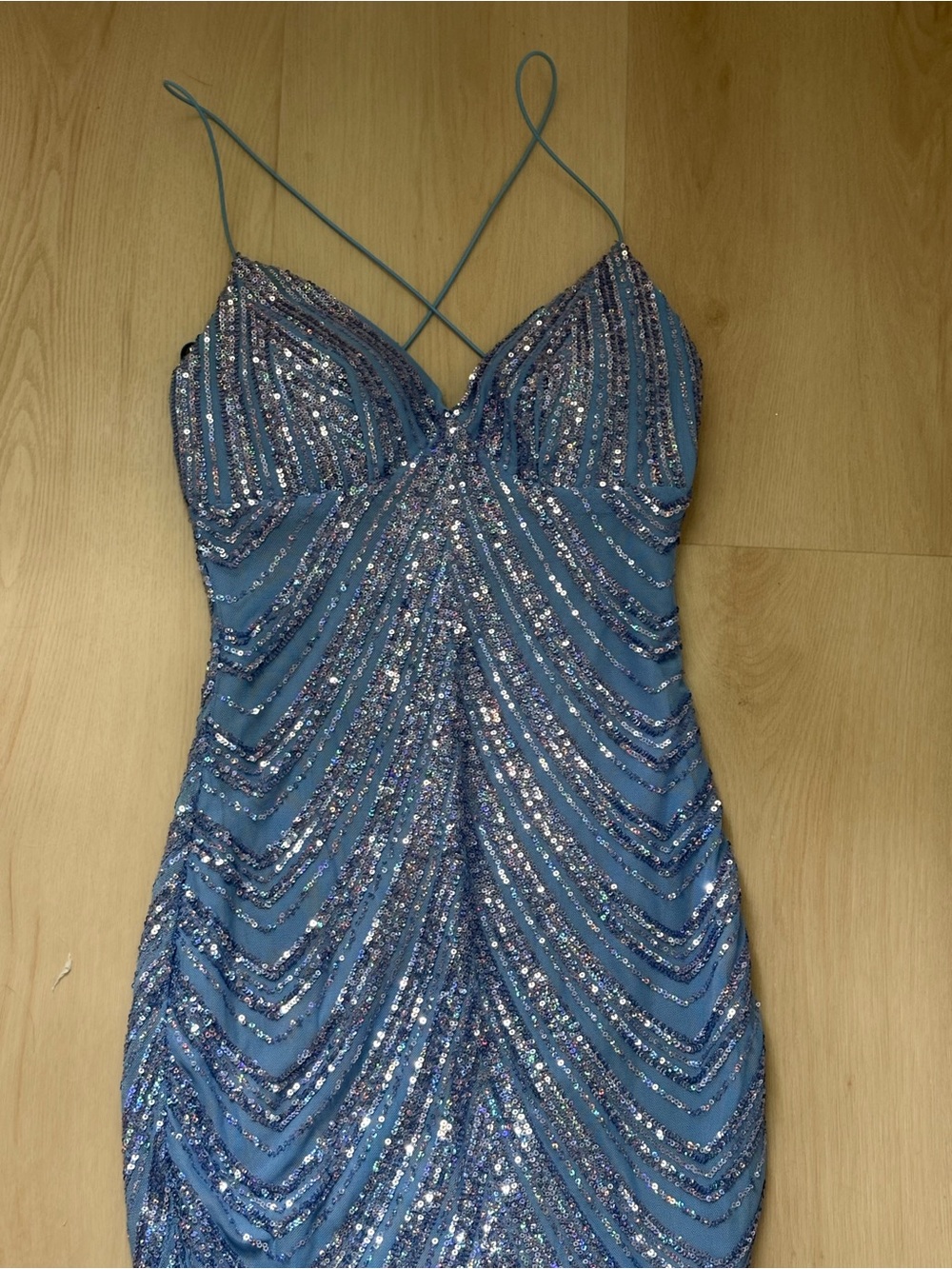 Windsor-Blue Sequin Spaghetti Hoco dress